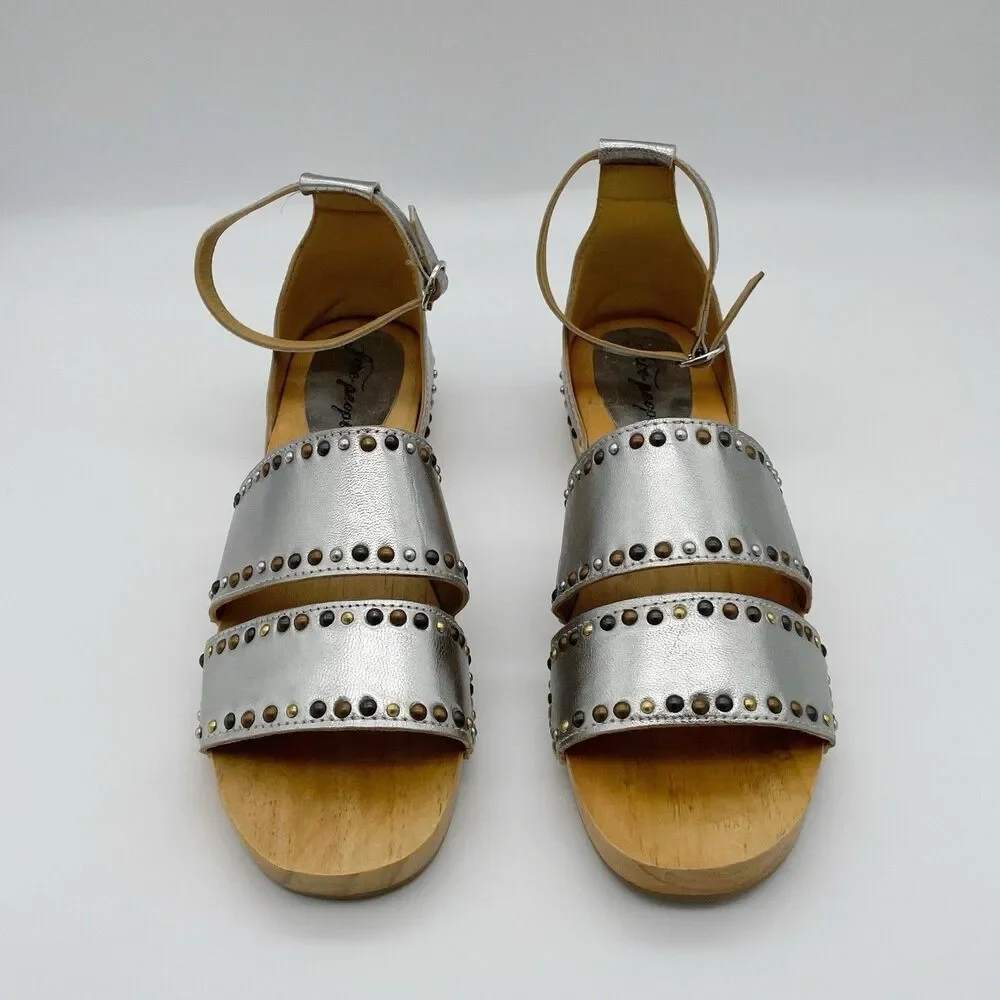 Free People Sandals 10 / 41 North Shore Clog Silver Leather Strappy Studded Wood